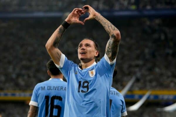 2T7PJ2K Uruguay's Darwin Nunez celebrates scoring his side's second goal against Argentina during a qualifying soccer match for the FIFA World Cup 2026 at La Bombonera stadium in Buenos Aires, Argentina, Thursday, Nov. 16, 2023. (AP Photo/Matias Delacroix)